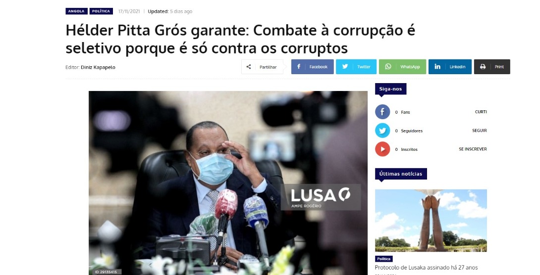Portal de Angola: Combate à corrupção é seletivo porque é só contra os corruptos – PGR de Angola